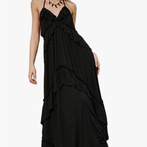 Black Ruffle-Detail Maxi Dress with Spaghetti Straps